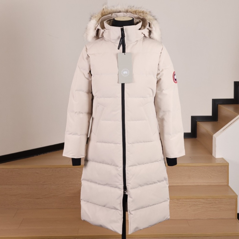 Canada Goose Light Cream Long Down Puffer Coat with Fur-Trim Hood